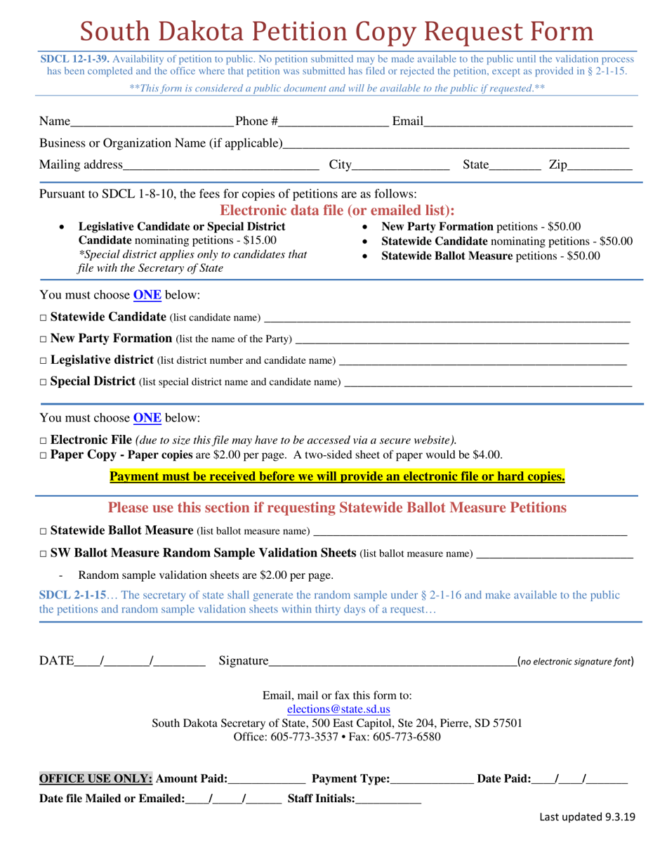 South Dakota Petition Copy Request Form - South Dakota, Page 1