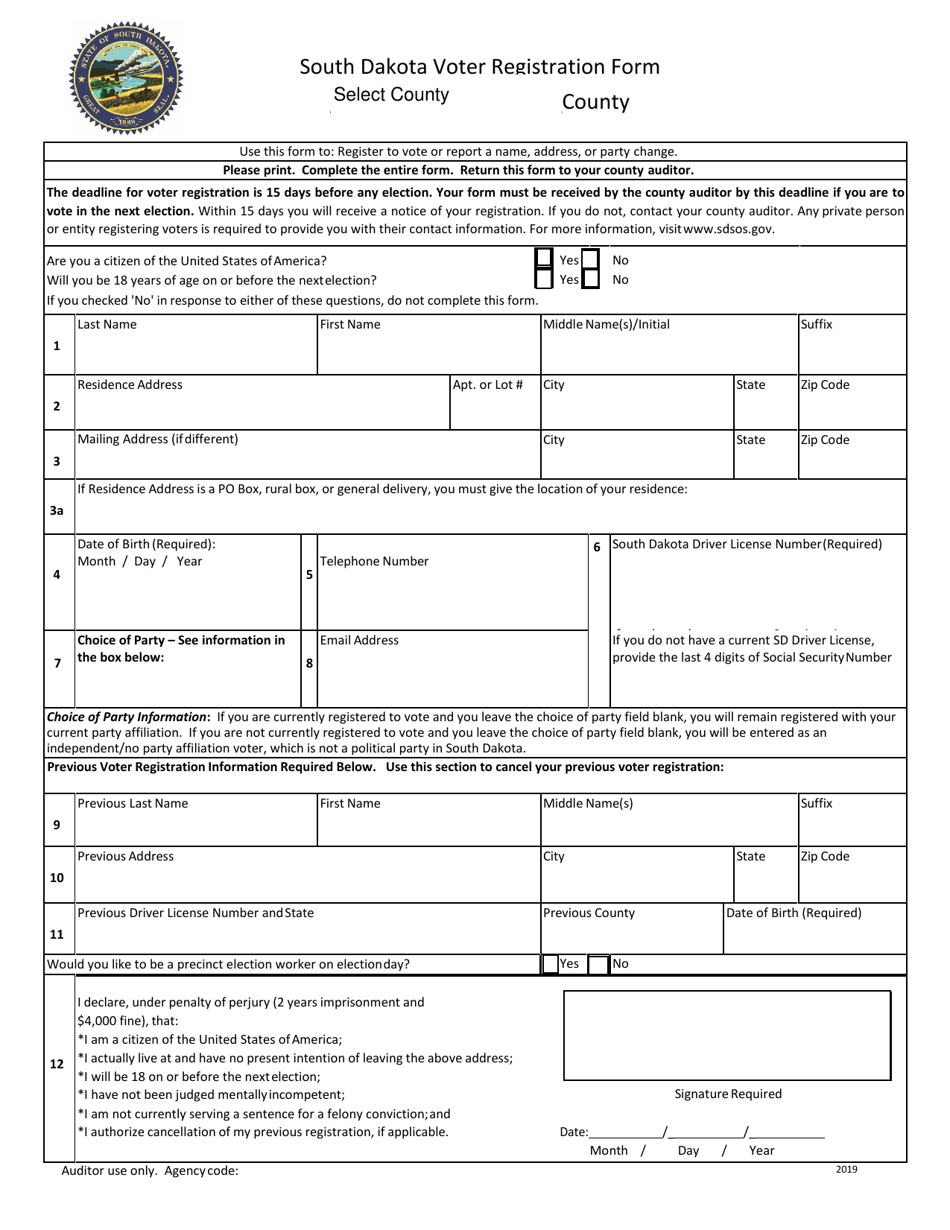 South Dakota Voter Registration Form - South Dakota, Page 1