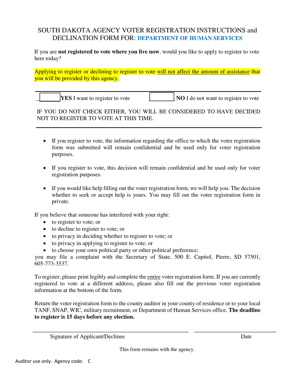 South Dakota Agency Voter Registration Instructions and Declination Form for: Department of Human Services - South Dakota, Page 1