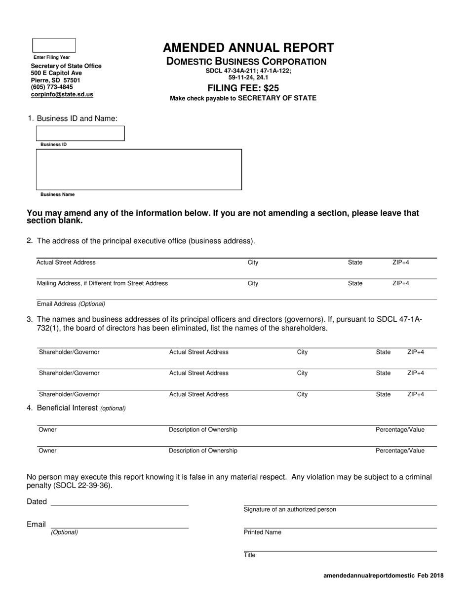 Amended Annual Report - Domestic Business Corporation - South Dakota, Page 1