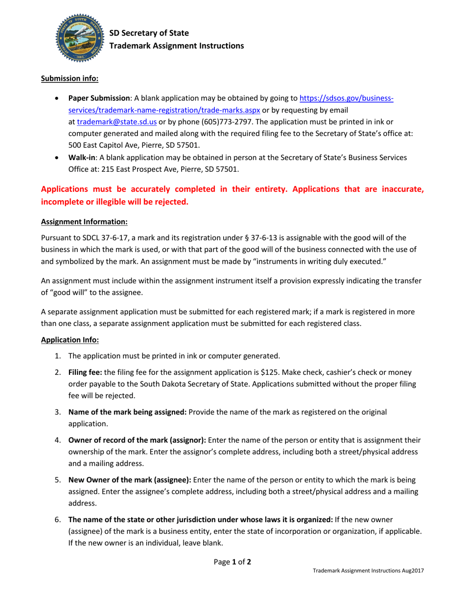 Instructions for Application for Assignment / Transfer of Trademark - South Dakota, Page 1