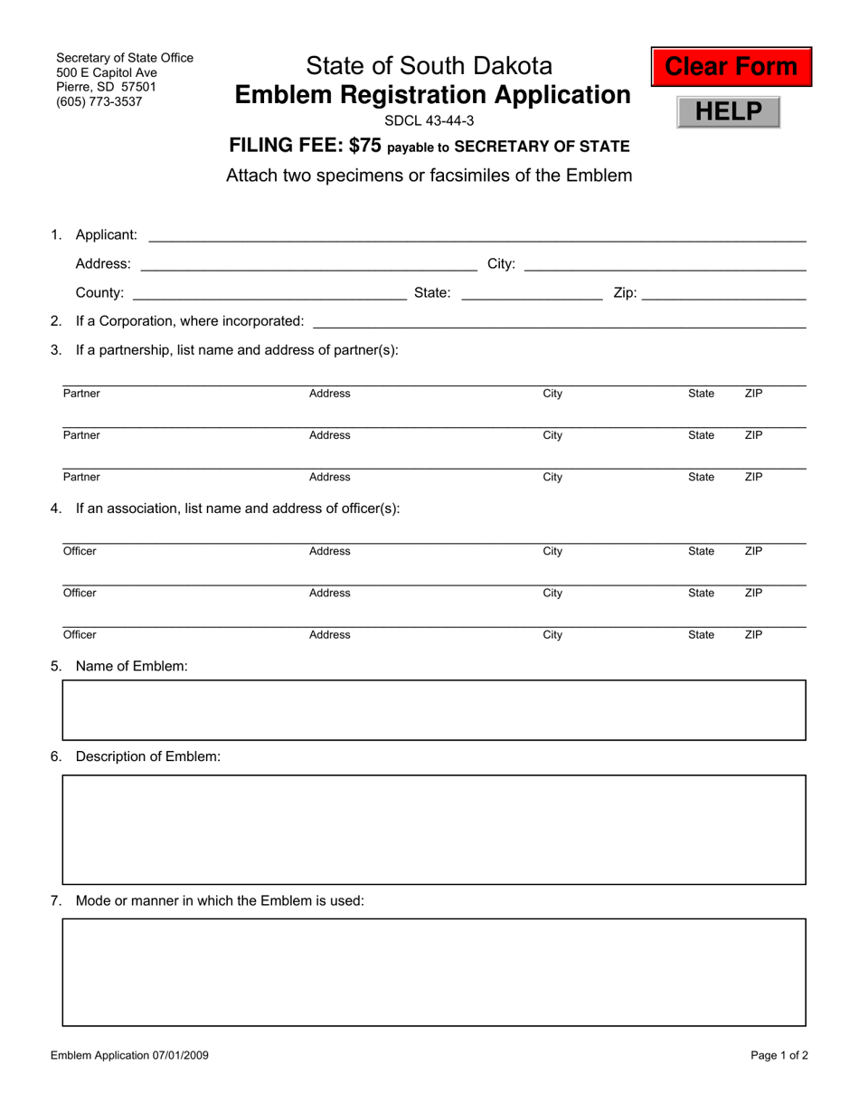 South Dakota Emblem Registration Application Fill Out, Sign Online