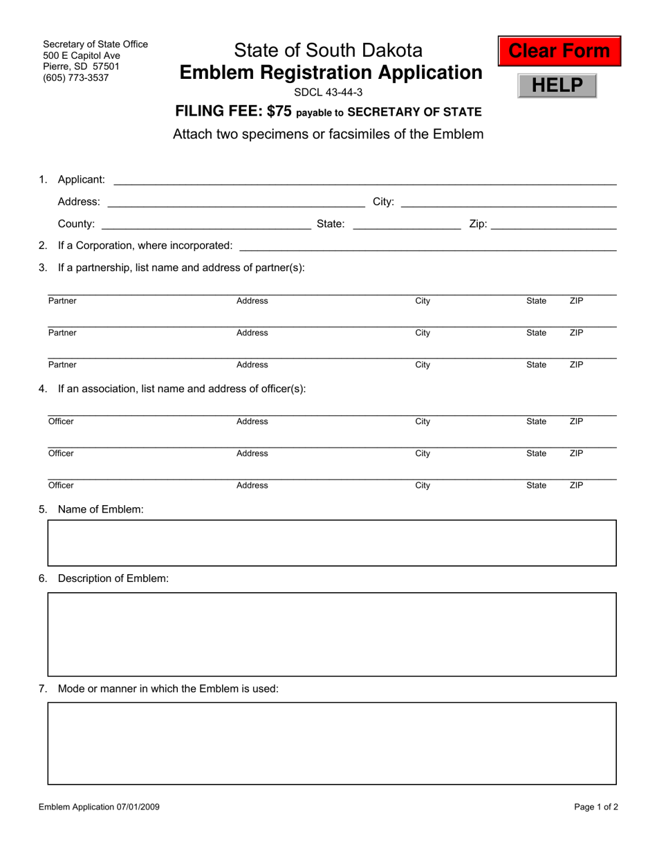 Emblem Registration Application - South Dakota, Page 1