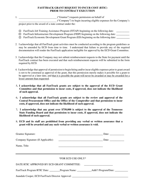 Fasttrack Grant Request to Incur Cost (Rtic) Prior to Contract Execution - Tennessee Download Pdf