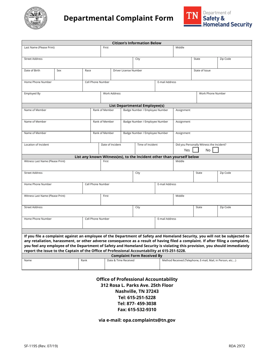 Form SF-1195 Departmental Complaint Form - Tennessee, Page 1