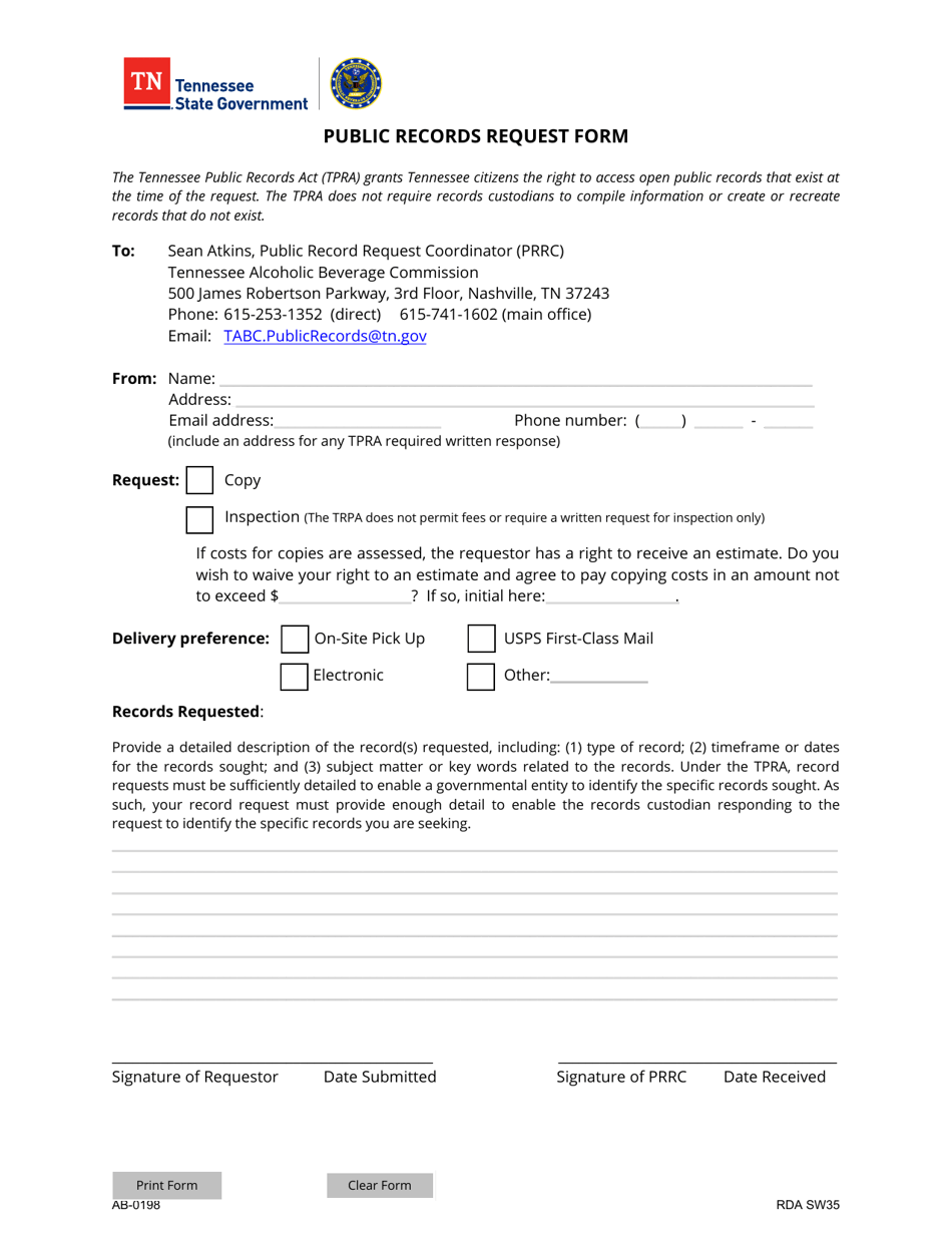 Form AB-0198 Public Records Request Form - Tennessee, Page 1