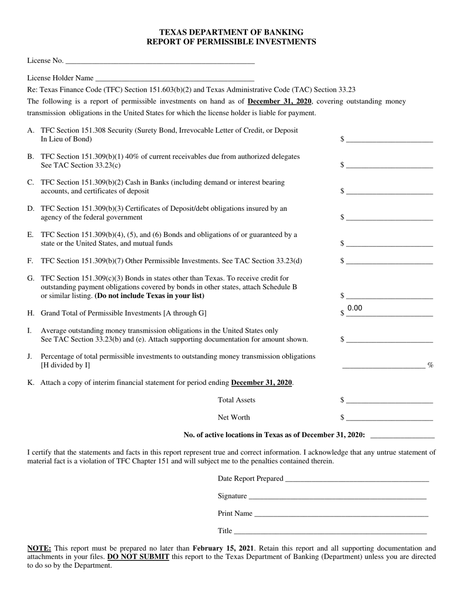 Report of Permissible Investments - 4th Quarter - Texas, Page 1