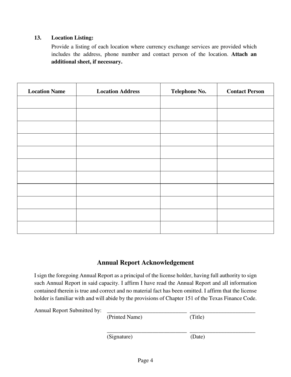Annual Report for Texas Currency Exchange License Holders - Texas, Page 4