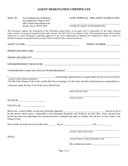 Agent Designation Certificate - Texas Download Pdf