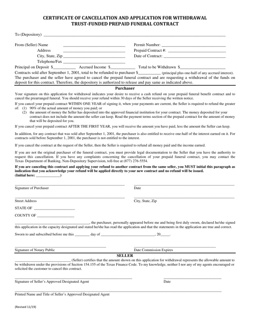 Certificate of Cancellation and Application for Withdrawal Trust-Funded Prepaid Funeral Contract - Texas