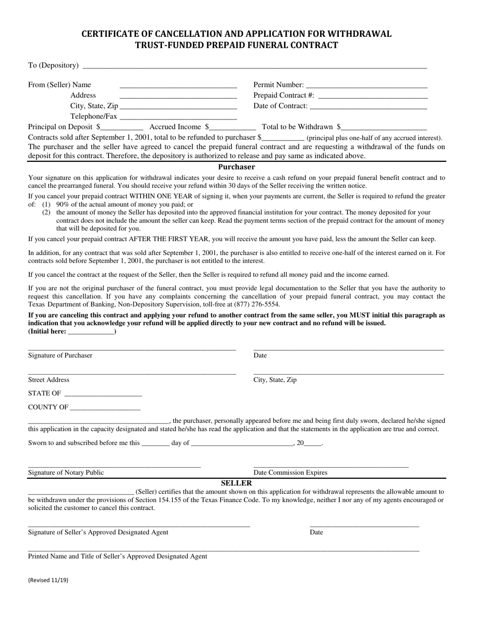 Certificate of Cancellation and Application for Withdrawal Trust-Funded Prepaid Funeral Contract - Texas, Page 1