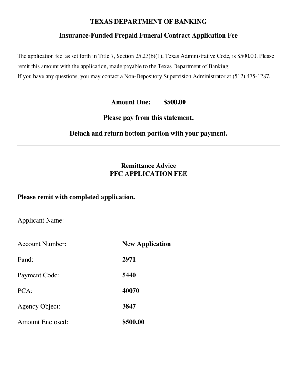Insurance-Funded Prepaid Funeral Contract Application Fee Invoice - Texas, Page 1