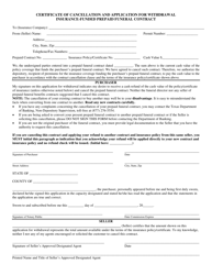Document preview: Certificate of Cancellation and Application for Withdrawal Insurance-Funded Prepaid Funeral Contract - Texas