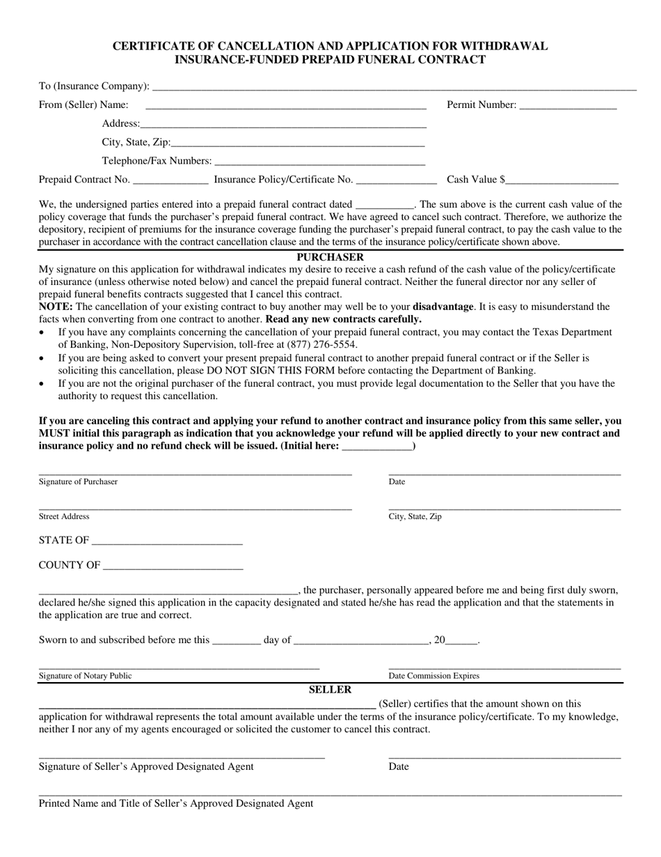 Certificate of Cancellation and Application for Withdrawal Insurance-Funded Prepaid Funeral Contract - Texas, Page 1
