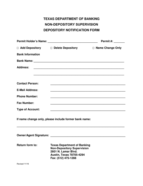 Non-depository Supervision Depository Notification Form - Texas