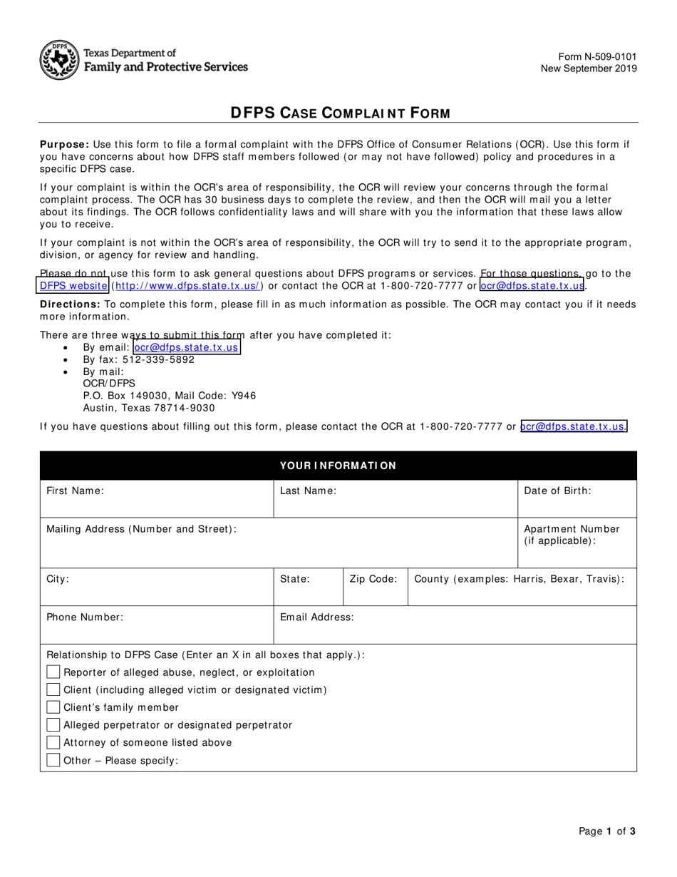 Form N-509-0101 Dfps Case Complaint Form - Texas, Page 1