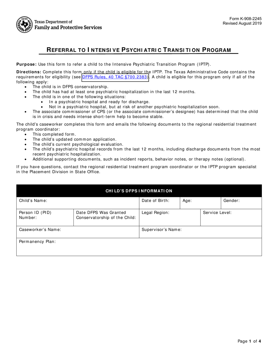 Form K-908-2245 Referral to Intensive Psychiatric Transition Program - Texas, Page 1