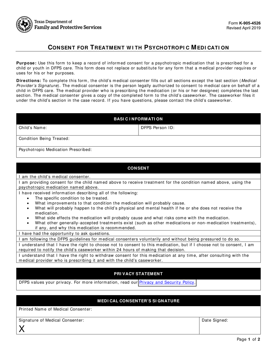 Form K-905-4526 Consent for Treatment With Psychotropic Medication - Texas, Page 1