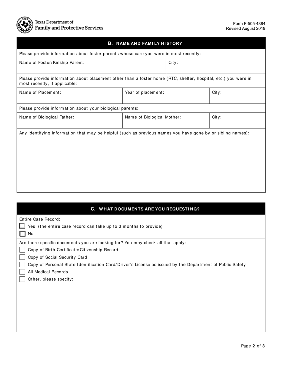 Form F-505-4884 Request From Former Foster Youth for Case Records - Texas, Page 2