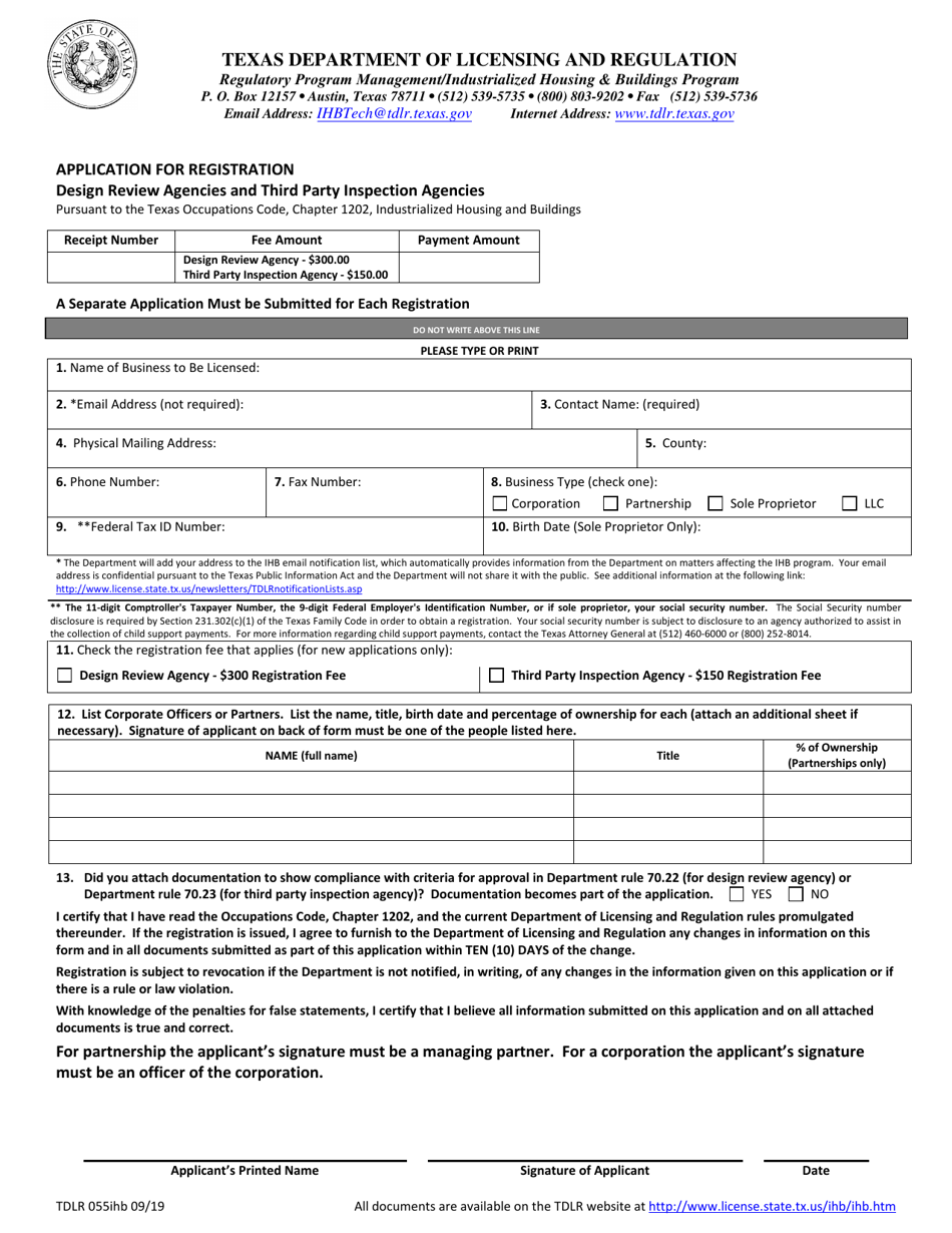 TDLR Form 055IHB Design Review Agencies and Third Party Inspection Agencies Application for Registration - Texas, Page 1