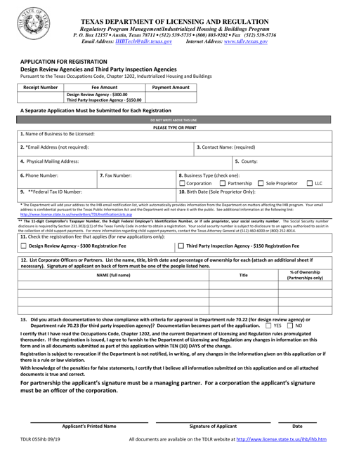 TDLR Form 055IHB Design Review Agencies and Third Party Inspection Agencies Application for Registration - Texas