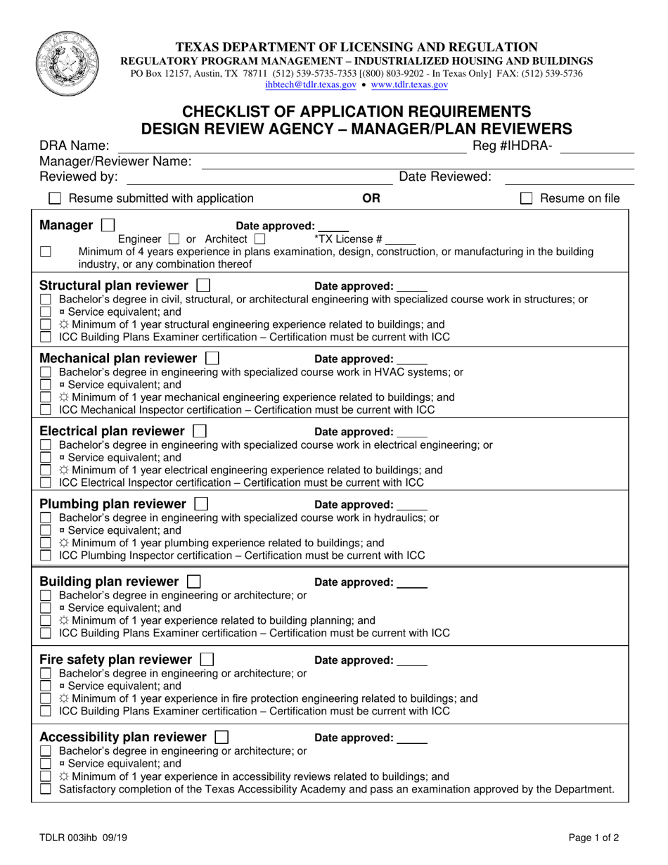 TDLR Form 003IHB Checklist of Application Requirements Design Review Agency - Manager / Plan Reviewers - Texas, Page 1