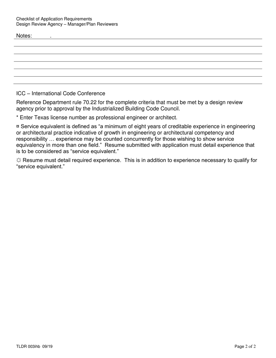 TDLR Form 003IHB Checklist of Application Requirements Design Review Agency - Manager / Plan Reviewers - Texas, Page 2