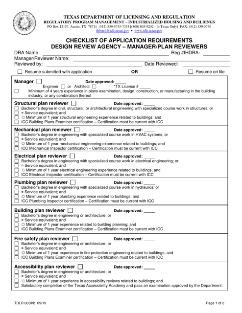 TDLR Form 003IHB Checklist of Application Requirements Design Review Agency - Manager/Plan Reviewers - Texas
