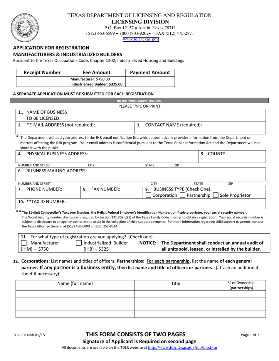 TDLR Form 014IHB Application for Registration Manufacturers  Industrialized Builders - Texas, Page 1