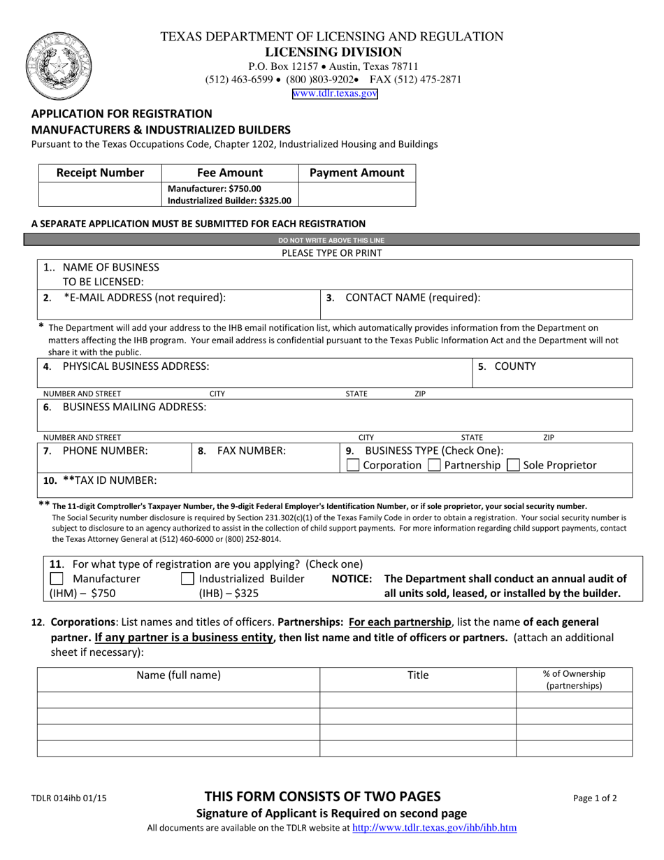 Tdlr Forms TDLR Form 014IHB - Fill Out, Sign Online and Download Printable PDF ...
