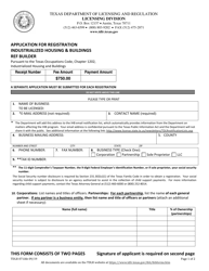 Document preview: TDLR Form 071IHB Application for Registration - Industrialized Housing & Buildings Ref Builder - Texas