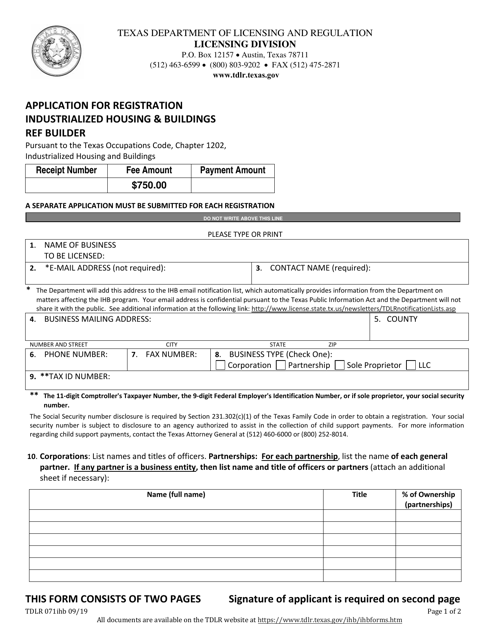 TDLR Form 071IHB Application for Registration - Industrialized Housing & Buildings Ref Builder - Texas