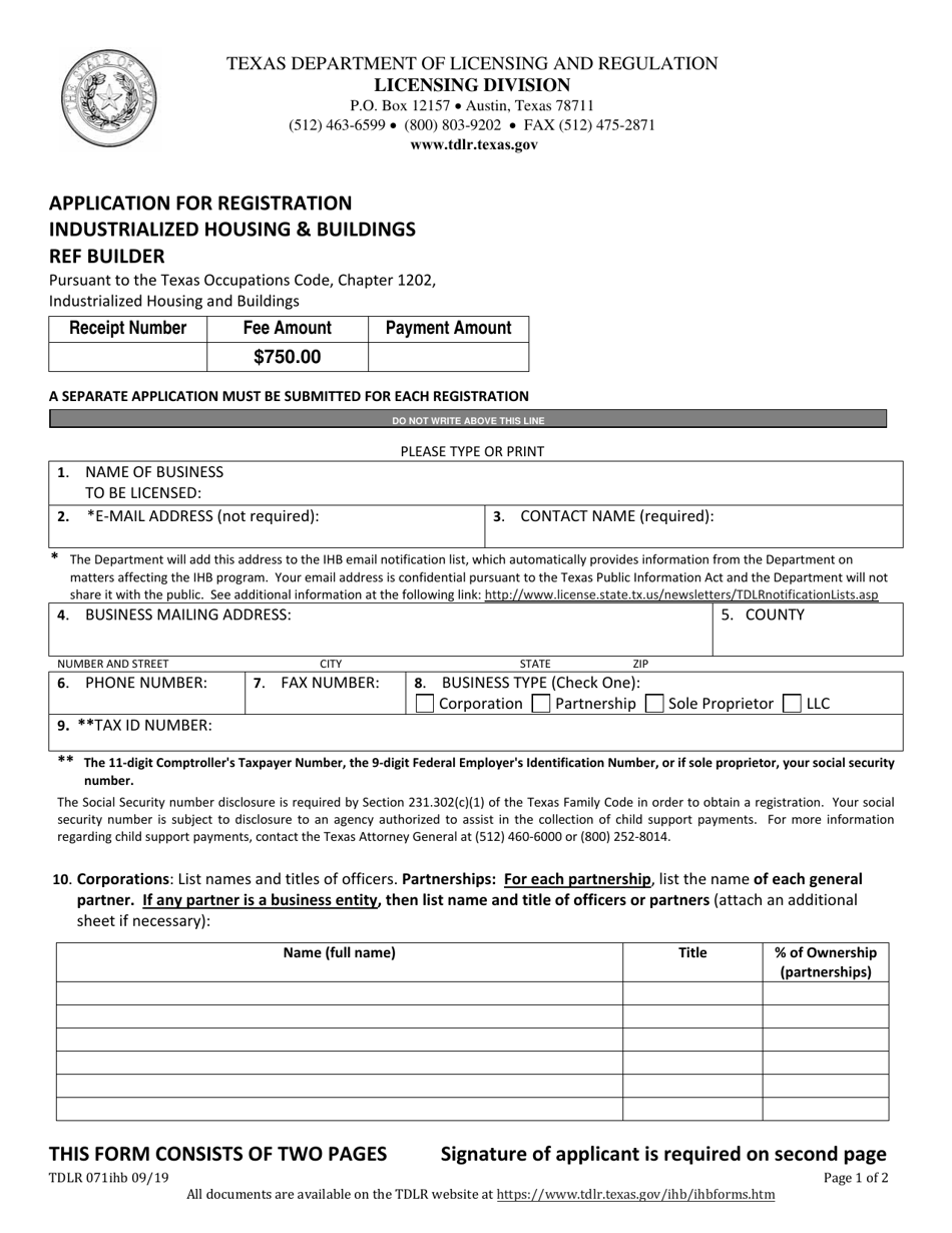 TDLR Form 27IHB Download Printable PDF or Fill Online Application