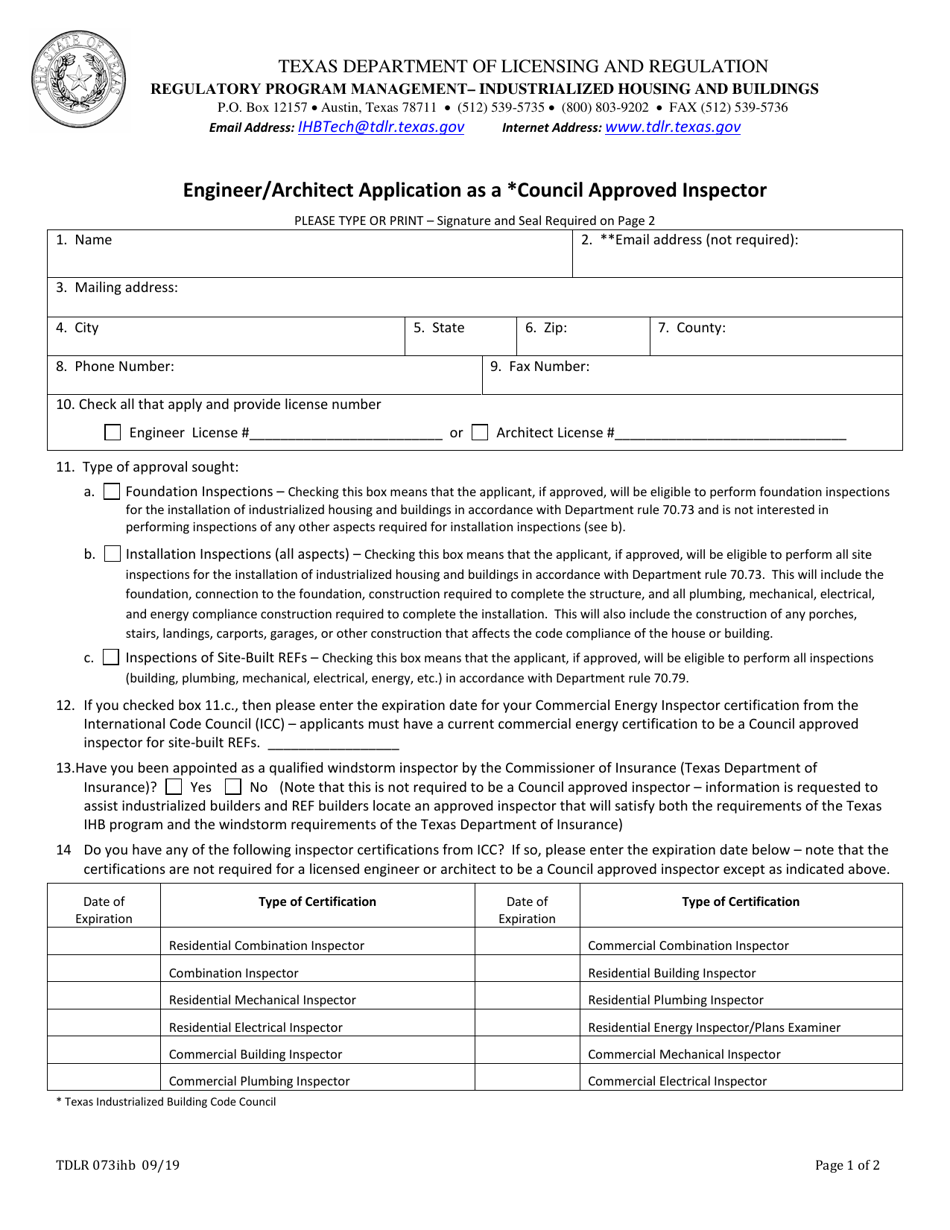 TDLR Form 073IHB Engineer / Architect Application as a Council Approved Inspector - Texas, Page 1