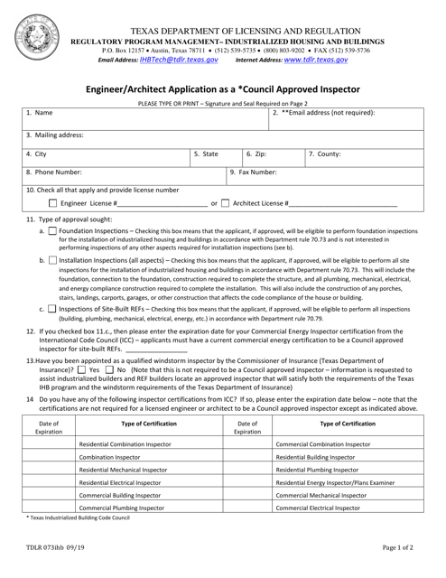 TDLR Form 073IHB Engineer/Architect Application as a Council Approved Inspector - Texas