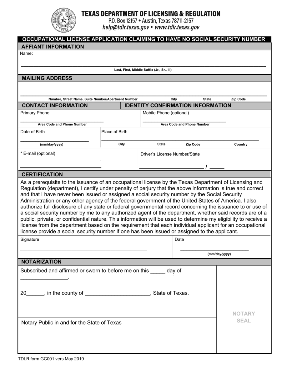 TDLR Form GC001 Occupational License Application Claiming to Have No Social Security Number - Texas, Page 1