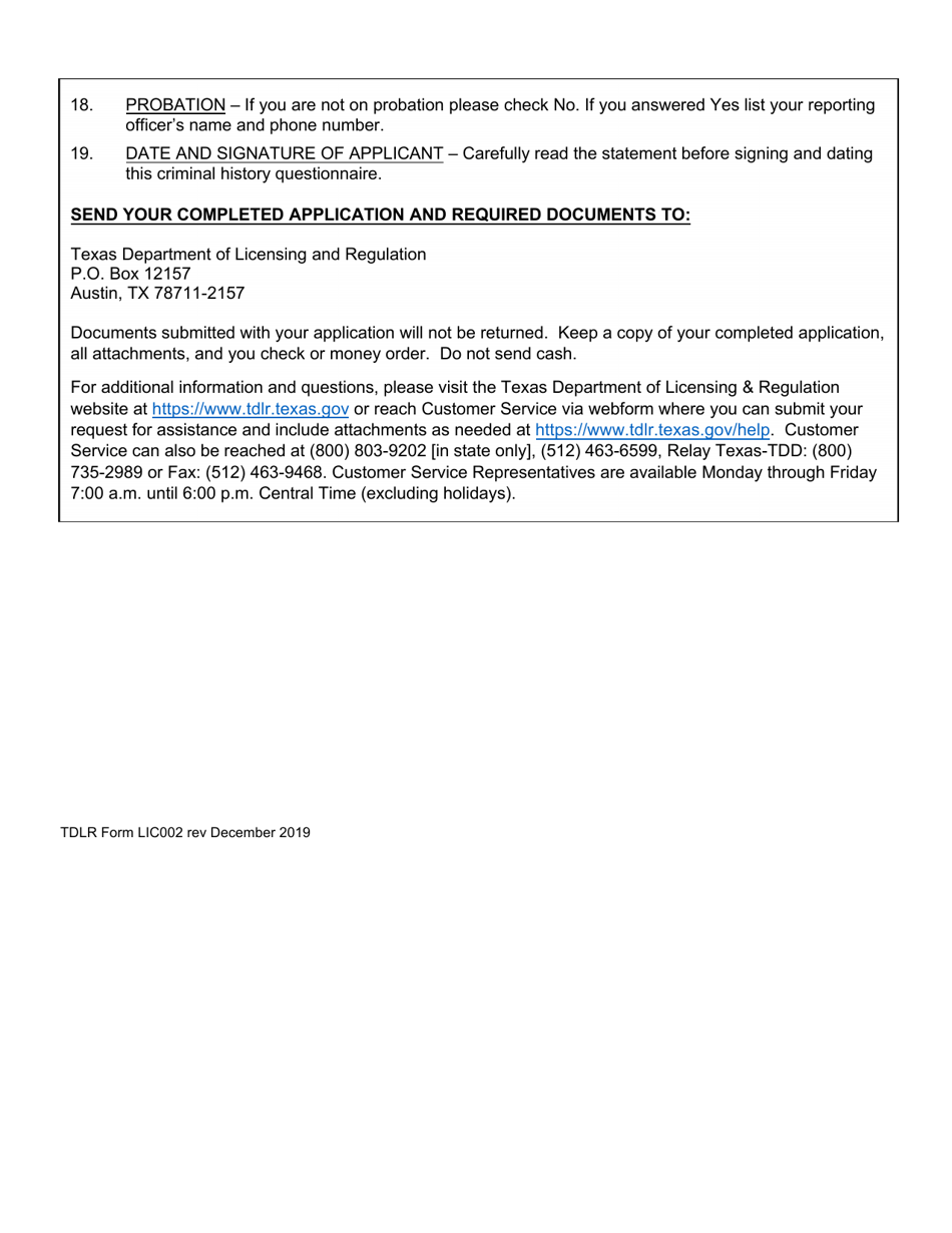 TDLR Form LIC002 Criminal History Questionnaire - Texas, Page 2