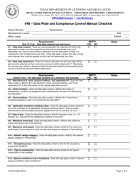 TDLR Form 016IHB Ihb - Data Plate and Compliance Control Manual Checklist - Texas