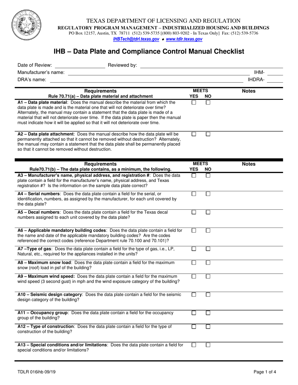 TDLR Form 016IHB Ihb - Data Plate and Compliance Control Manual Checklist - Texas, Page 1