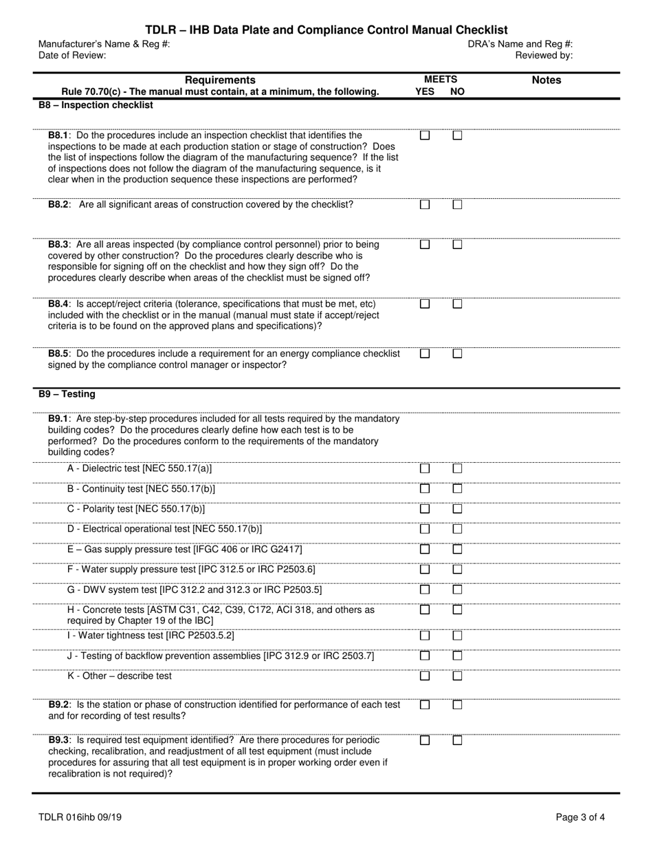 TDLR Form 016IHB Ihb - Data Plate and Compliance Control Manual Checklist - Texas, Page 3