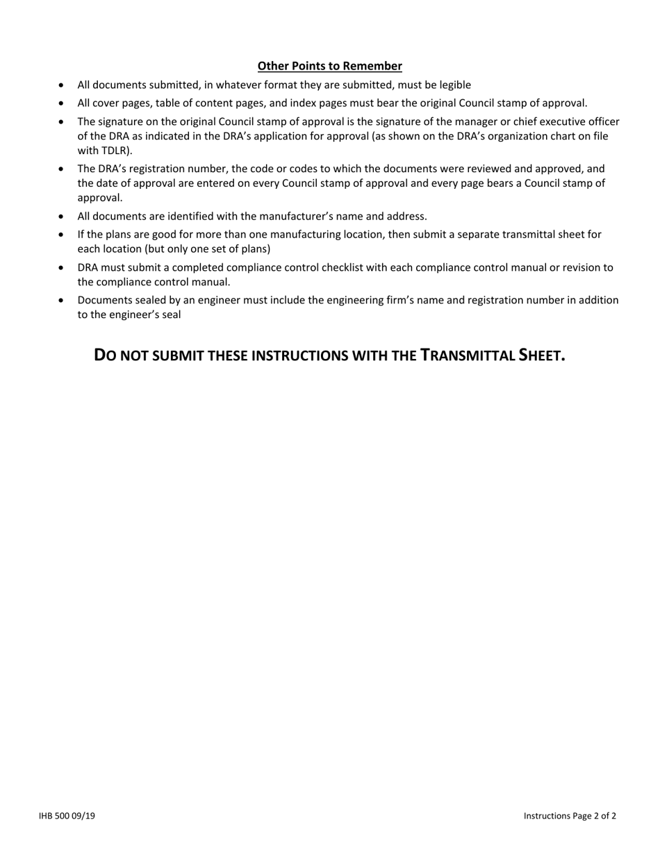 Form IHB500 Industrialized Housing and Buildings (Ihb) Transmittal Sheet for New Construction - Texas, Page 2