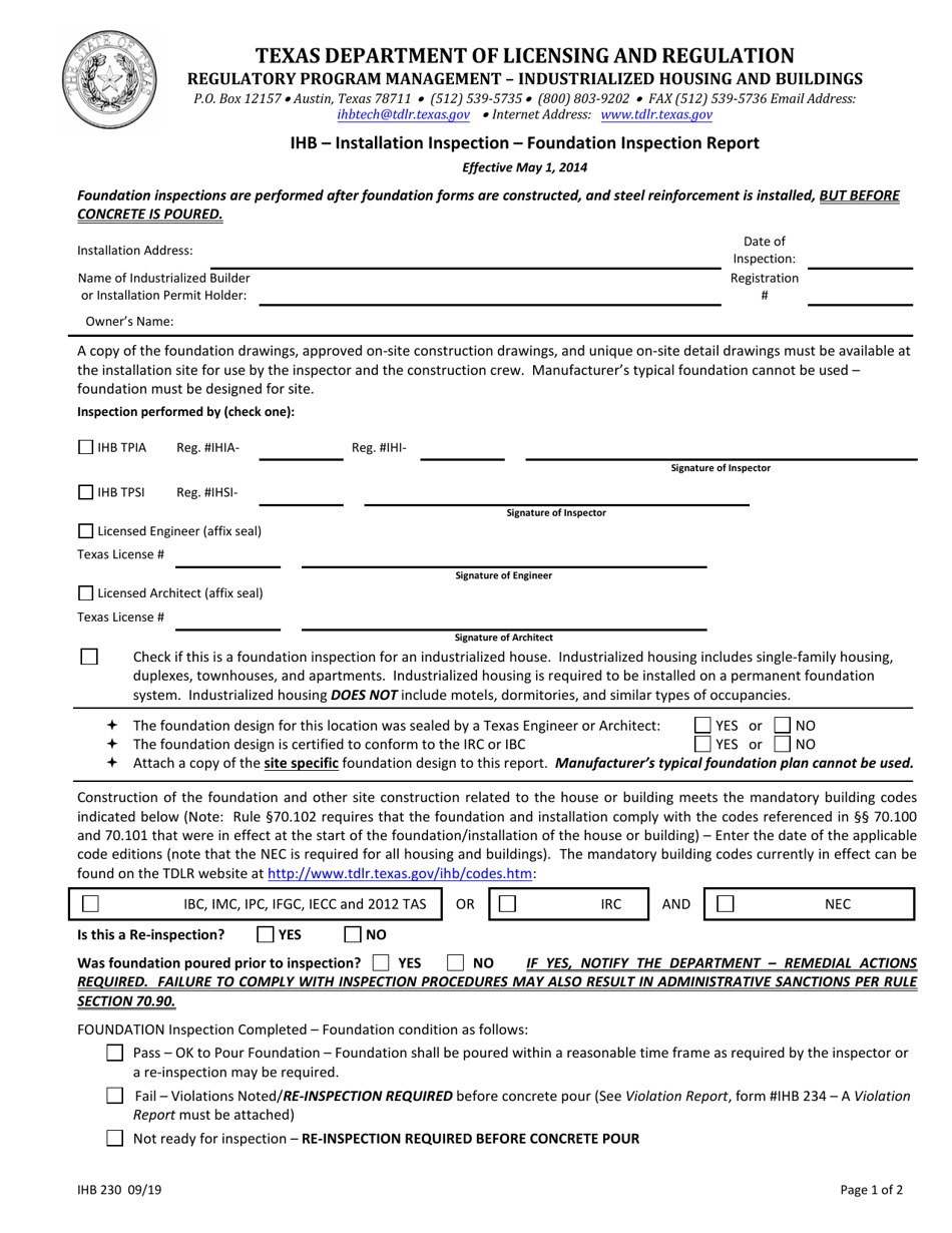 Form IHB230 Ihb - Installation Inspection - Foundation Inspection Report - Texas, Page 1