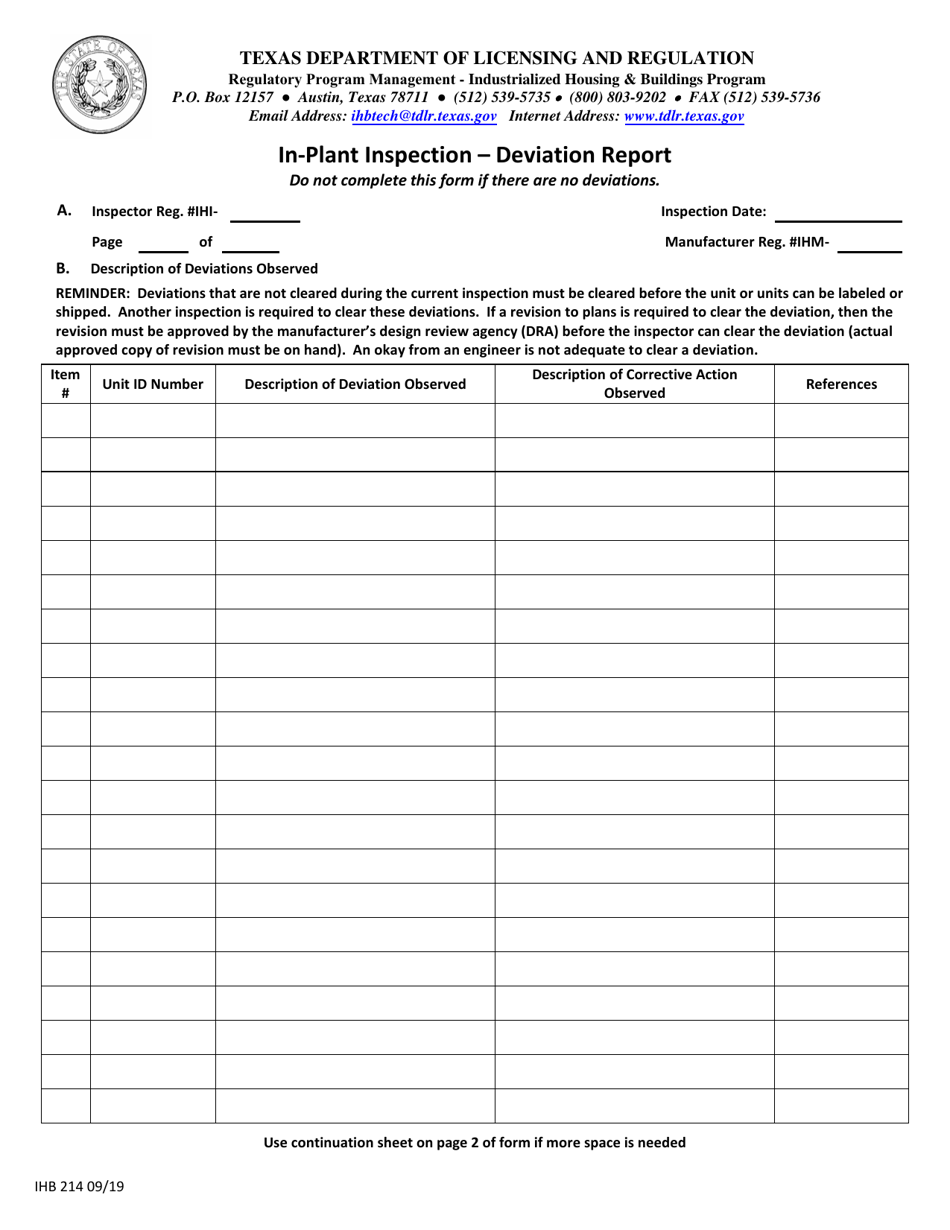 Form IHB214 In-plant Inspection - Deviation Report - Texas, Page 1