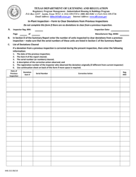 Form IHB215 In-plant Inspection - Form to Clear Deviations From Previous Inspections - Texas