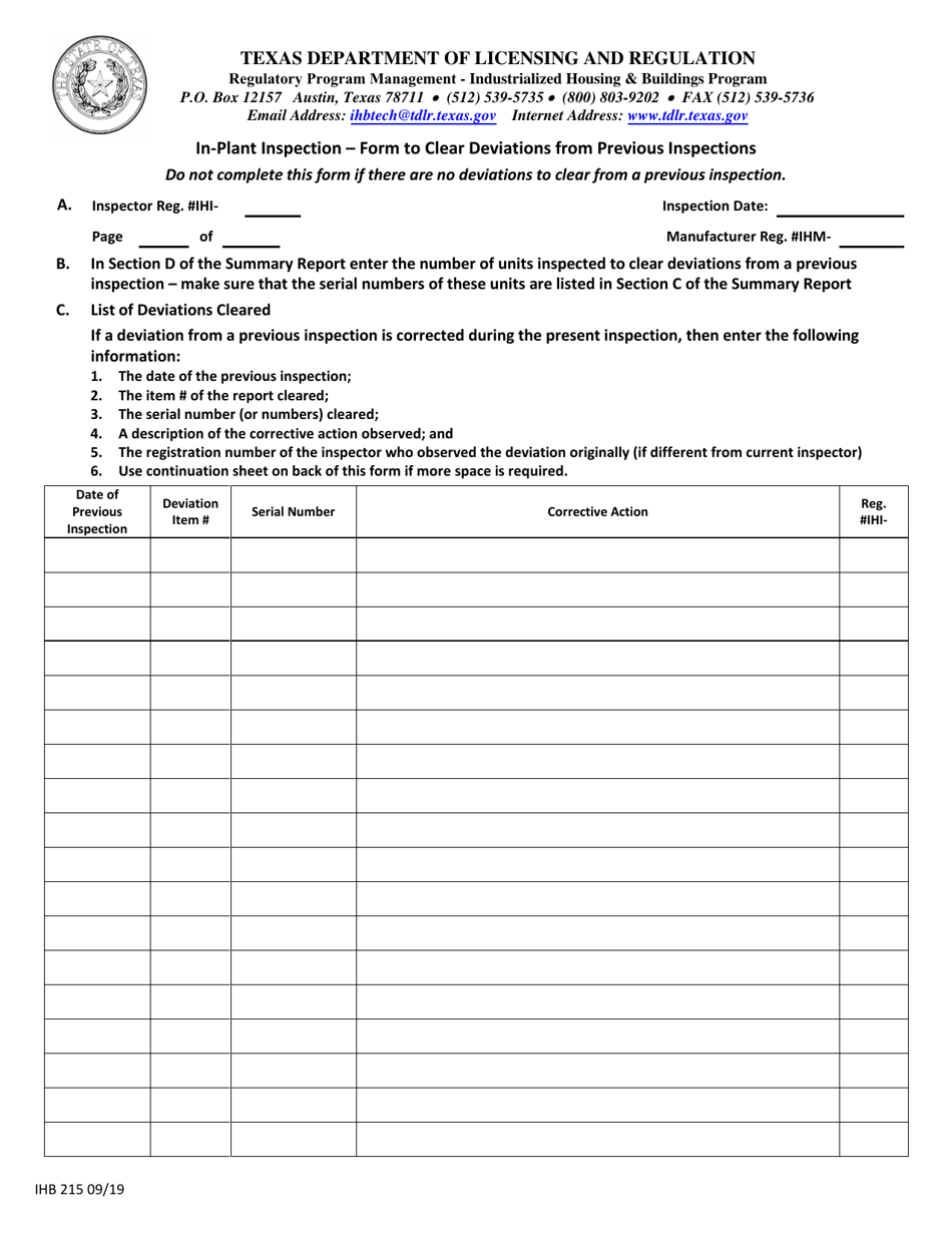 Form IHB215 In-plant Inspection - Form to Clear Deviations From Previous Inspections - Texas, Page 1