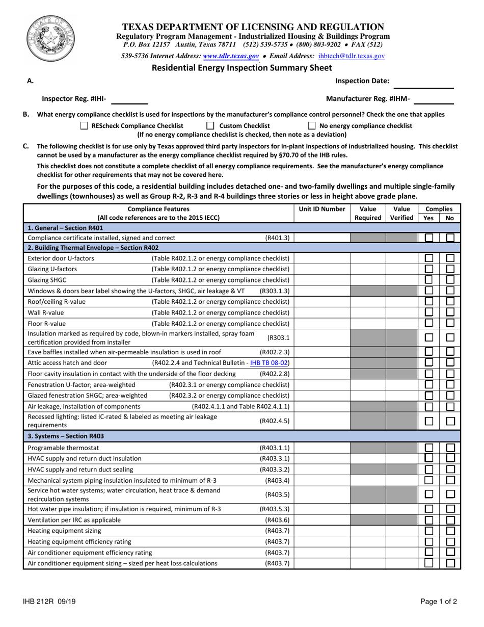 Form IHB212R Residential Energy Inspection Summary Sheet - Texas, Page 1