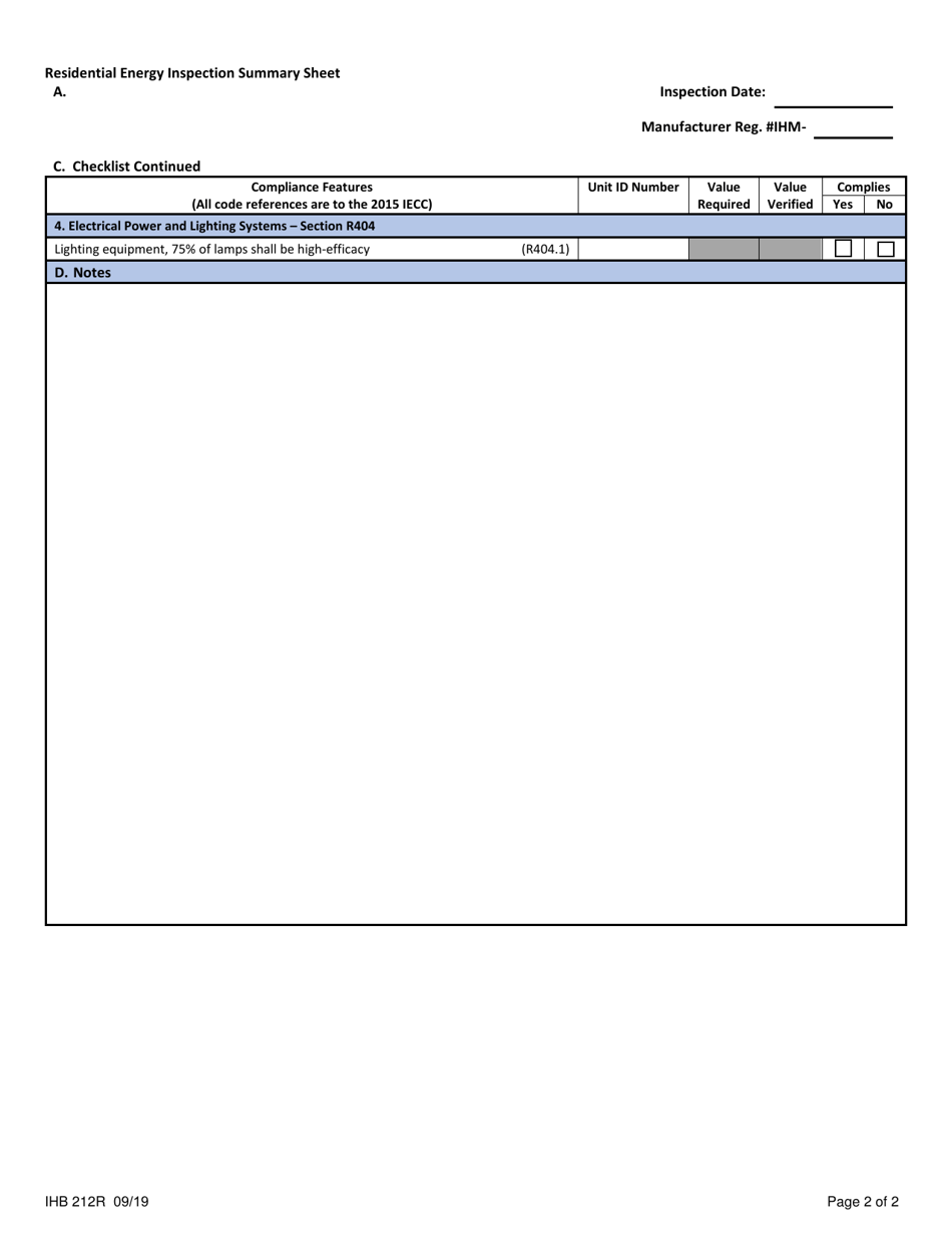 Form IHB212R Residential Energy Inspection Summary Sheet - Texas, Page 2
