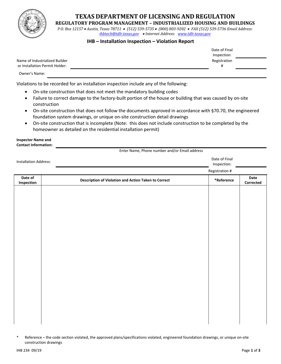 Form IHB234 Ihb - Installation Inspection - Violation Report - Texas, Page 1