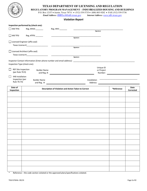 TDLR Form 076IHB  Printable Pdf