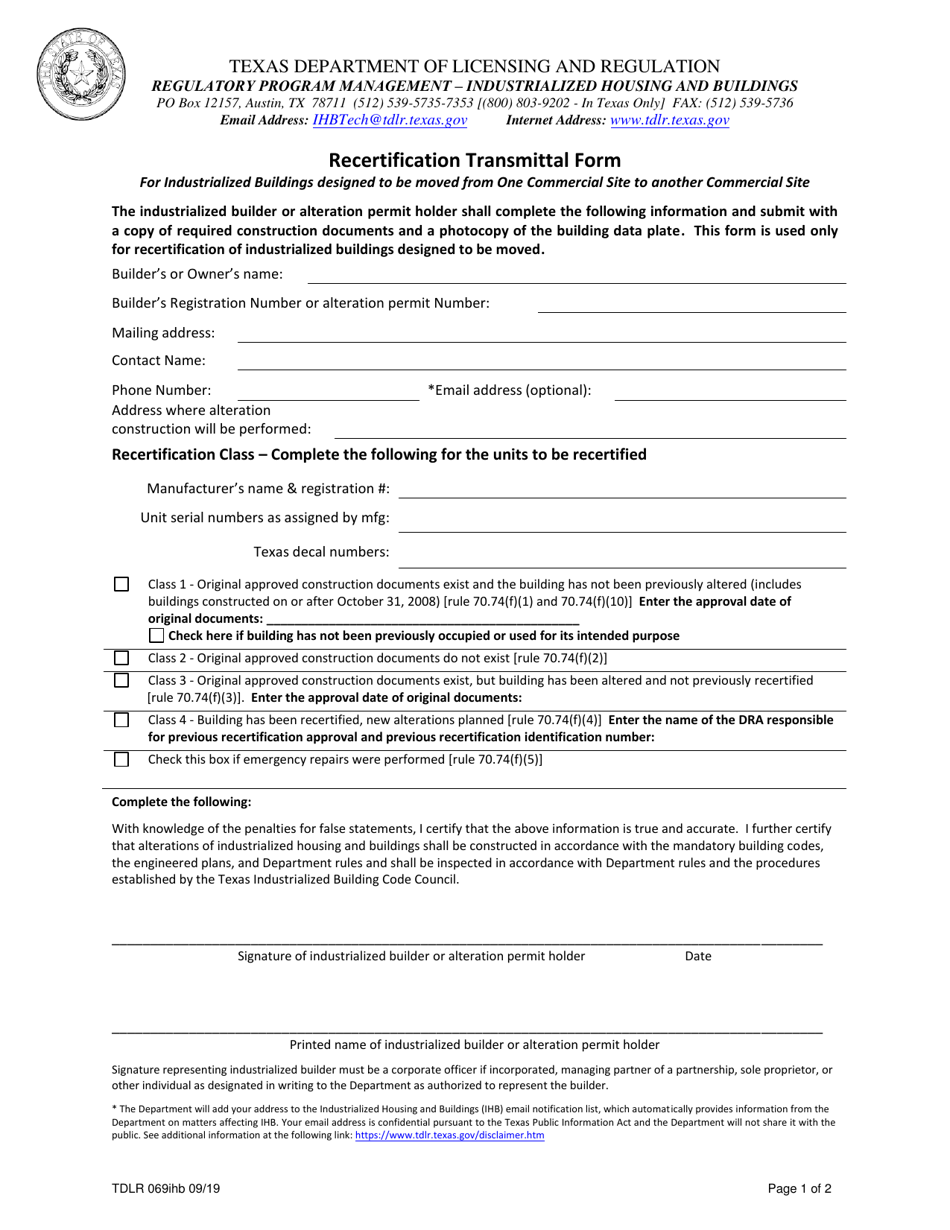 TDLR Form 069IHB Recertification Transmittal Form - Texas, Page 1